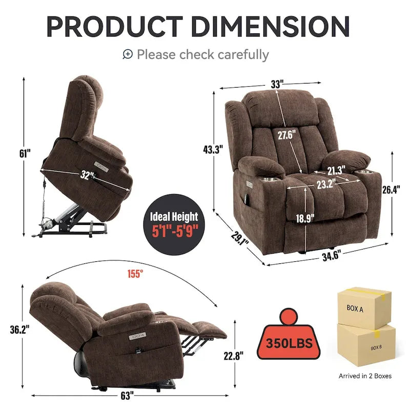 Fauteuil inclinable releveur électrique en chenille avec massage vibrant à 8 points et chauffage lombaire, ports USB et Type-C