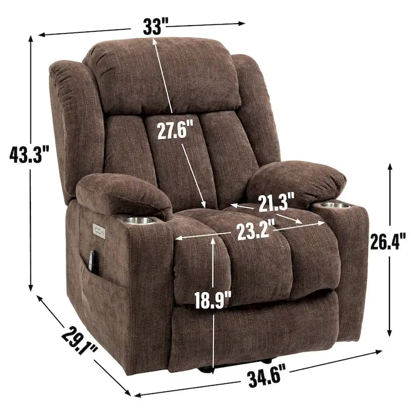 Fauteuil inclinable releveur électrique en chenille avec massage vibrant à 8 points et chauffage lombaire, ports USB et Type-C