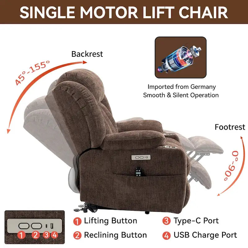 Fauteuil inclinable releveur électrique en chenille avec massage vibrant à 8 points et chauffage lombaire, ports USB et Type-C