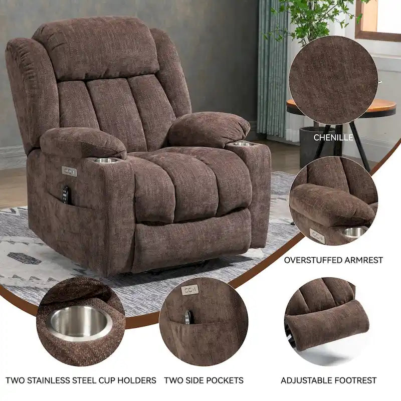 Fauteuil inclinable releveur électrique en chenille avec massage vibrant à 8 points et chauffage lombaire, ports USB et Type-C
