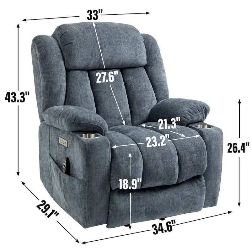 Fauteuil inclinable releveur électrique en chenille avec massage vibrant à 8 points et chauffage lombaire, ports USB et Type-C