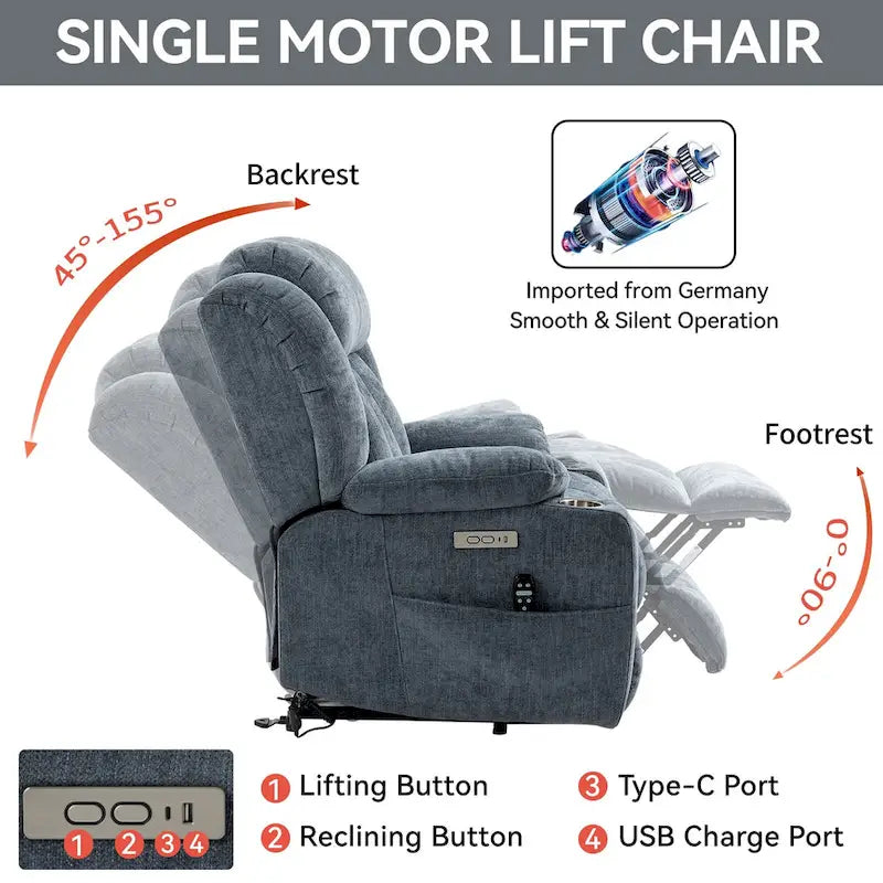 Fauteuil inclinable releveur électrique en chenille avec massage vibrant à 8 points et chauffage lombaire, ports USB et Type-C