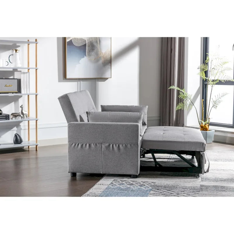 Canapé-lit convertible 3-en-1 en lin 55" | Lit gigogne | Poches de rangement | Gris clair