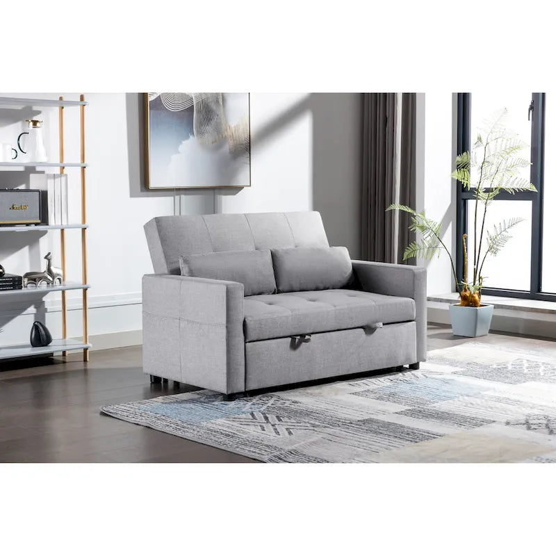 Canapé-lit convertible 3-en-1 en lin 55" | Lit gigogne | Poches de rangement | Gris clair