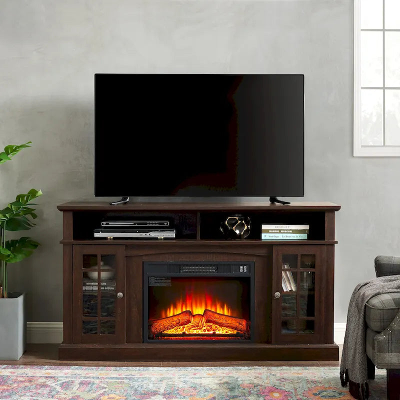 Meuble TV avec foyer électrique de 58,25 po | Convient aux téléviseurs de 65 po | Espresso | Rangement ouvert et fermé | Style classique