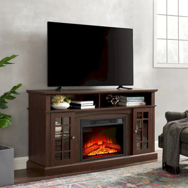 Meuble TV avec foyer électrique de 58,25 po | Convient aux téléviseurs de 65 po | Espresso | Rangement ouvert et fermé | Style classique