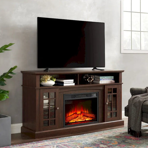 Meuble TV avec foyer électrique de 58,25 po | Convient aux téléviseurs de 65 po | Espresso | Rangement ouvert et fermé | Style classique