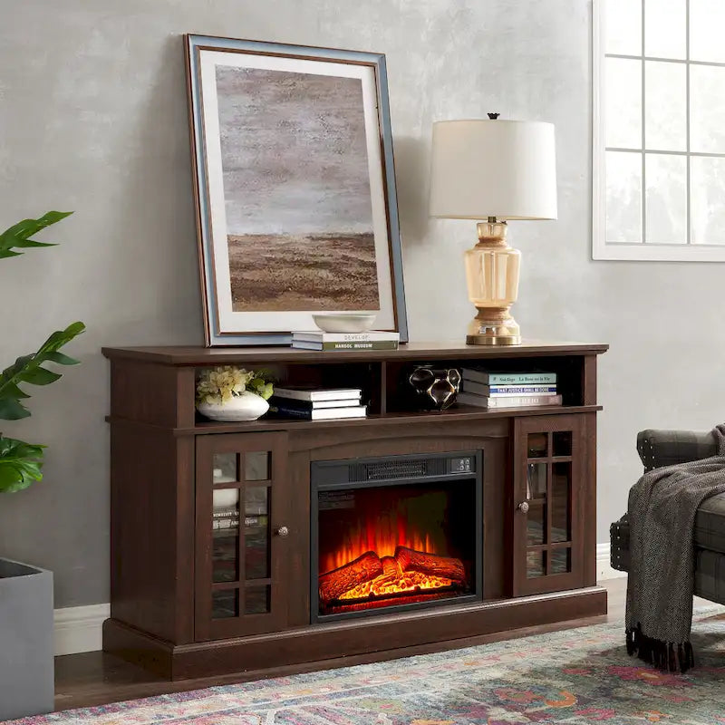 Meuble TV avec foyer électrique de 58,25 po | Convient aux téléviseurs de 65 po | Espresso | Rangement ouvert et fermé | Style classique