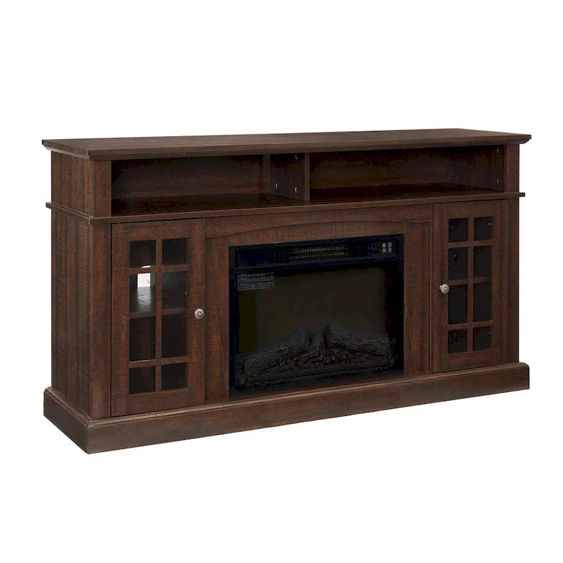 Meuble TV avec foyer électrique de 58,25 po | Convient aux téléviseurs de 65 po | Espresso | Rangement ouvert et fermé | Style classique