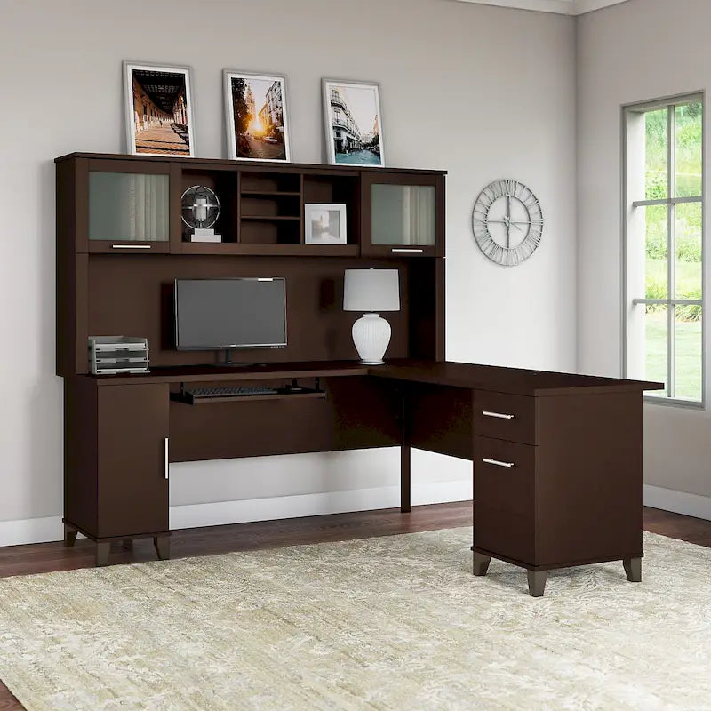 Bureau d'angle en L de 183 cm avec étagère de rangement | Poste de travail pour bureau à domicile