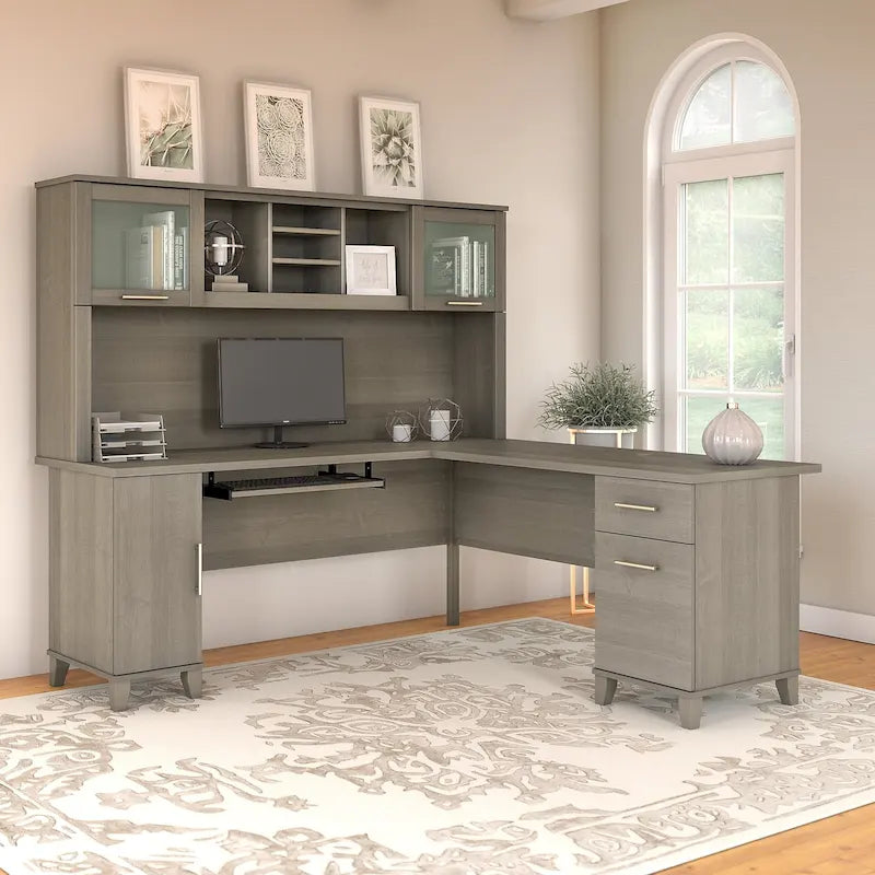 Bureau d'angle en L de 183 cm avec étagère de rangement | Poste de travail pour bureau à domicile