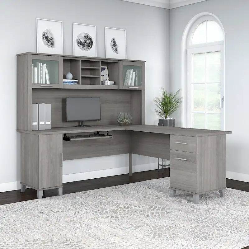 Bureau d'angle en L de 183 cm avec étagère de rangement | Poste de travail pour bureau à domicile