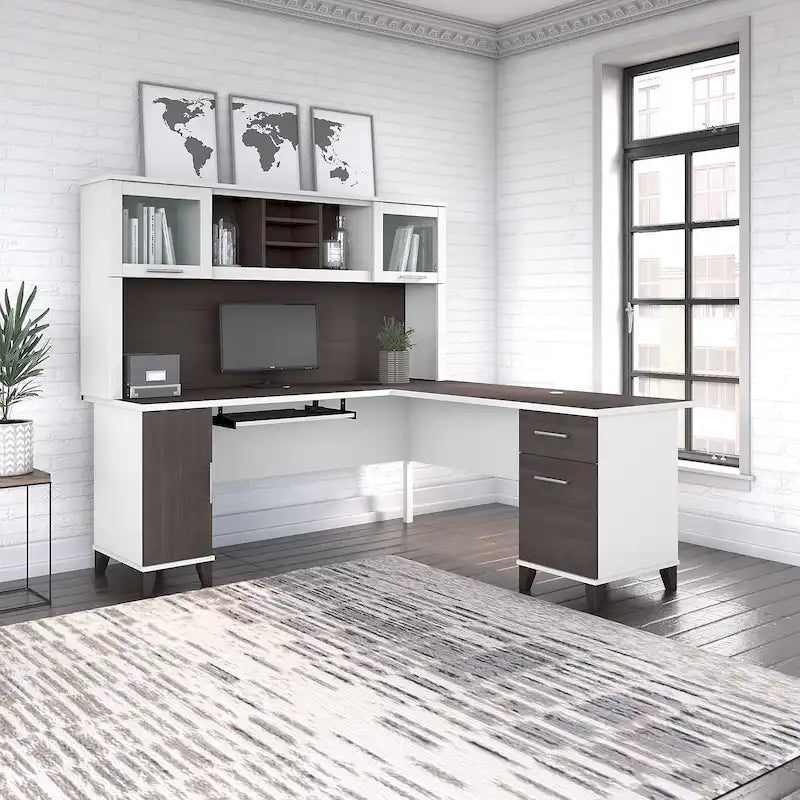 Bureau d'angle en L de 183 cm avec étagère de rangement | Poste de travail pour bureau à domicile