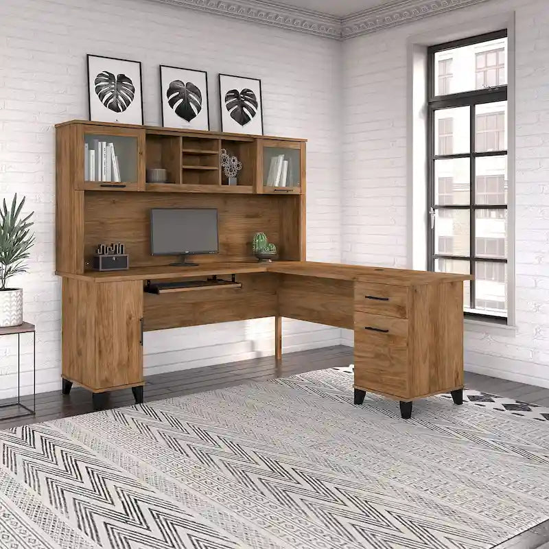 Bureau d'angle en L de 183 cm avec étagère de rangement | Poste de travail pour bureau à domicile
