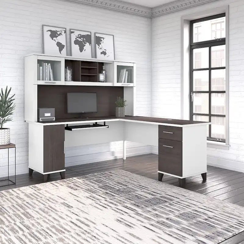 Bureau d'angle en L de 183 cm avec étagère de rangement | Poste de travail pour bureau à domicile