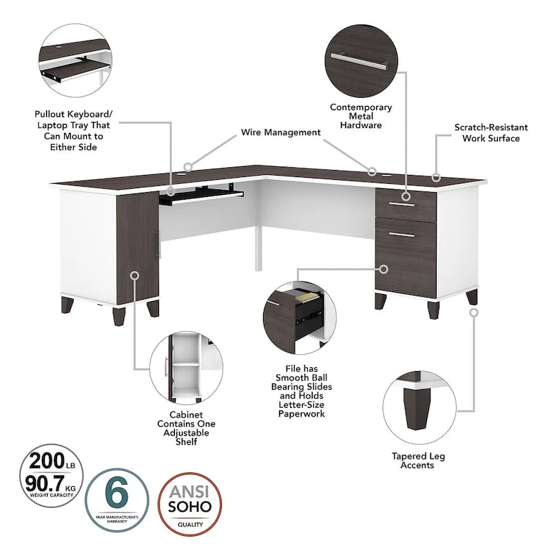 Bureau d'angle en L de 183 cm avec étagère de rangement | Poste de travail pour bureau à domicile