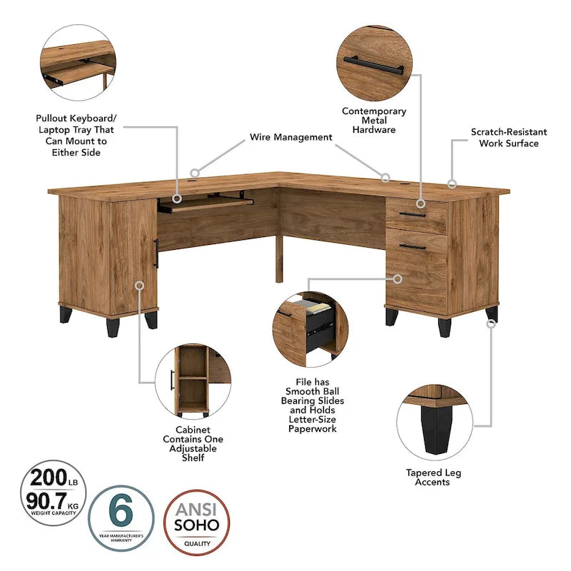 Bureau d'angle en L de 183 cm avec étagère de rangement | Poste de travail pour bureau à domicile