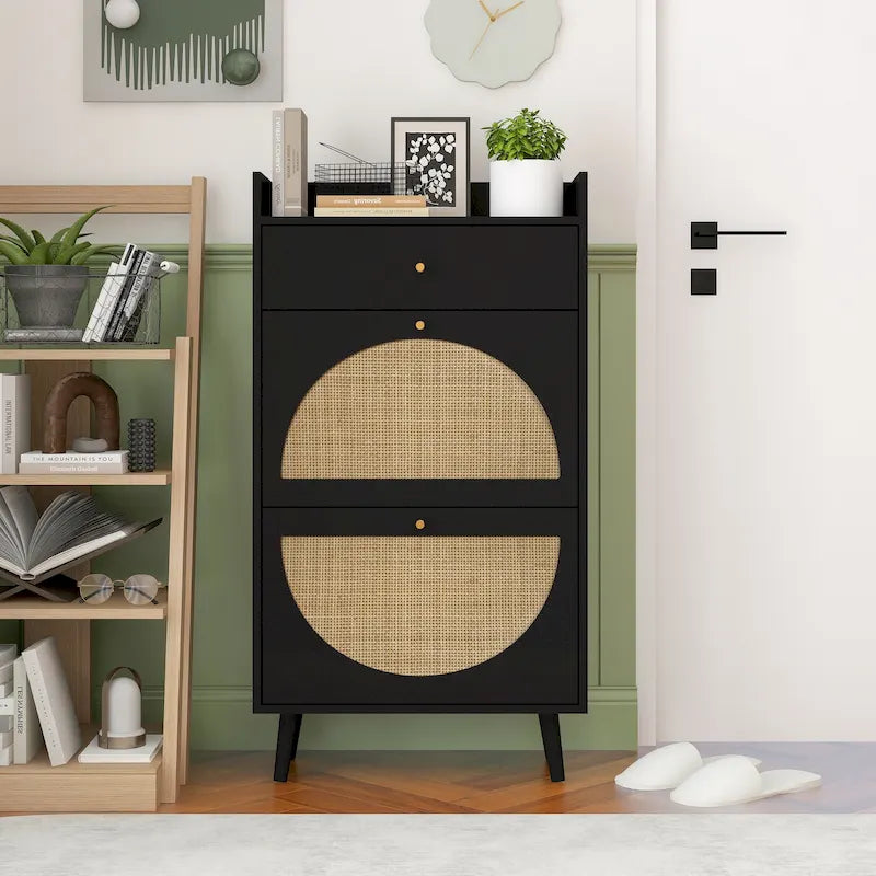 Meuble de rangement pour chaussures en rotin avec 2 portes et 1 tiroir | Organisateur de rangement d'entrée