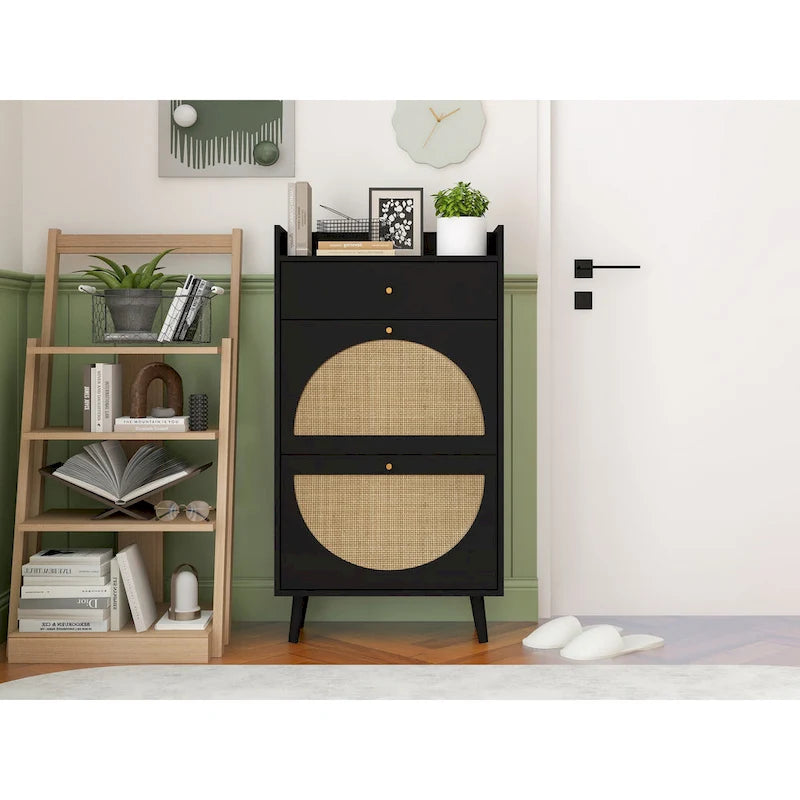 Meuble de rangement pour chaussures en rotin avec 2 portes et 1 tiroir | Organisateur de rangement d'entrée