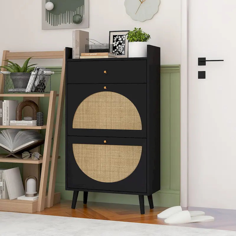 Meuble de rangement pour chaussures en rotin avec 2 portes et 1 tiroir | Organisateur de rangement d'entrée