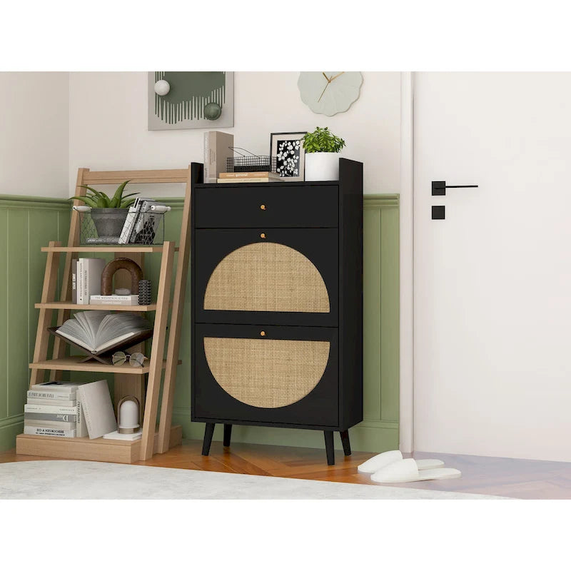 Meuble de rangement pour chaussures en rotin avec 2 portes et 1 tiroir | Organisateur de rangement d'entrée