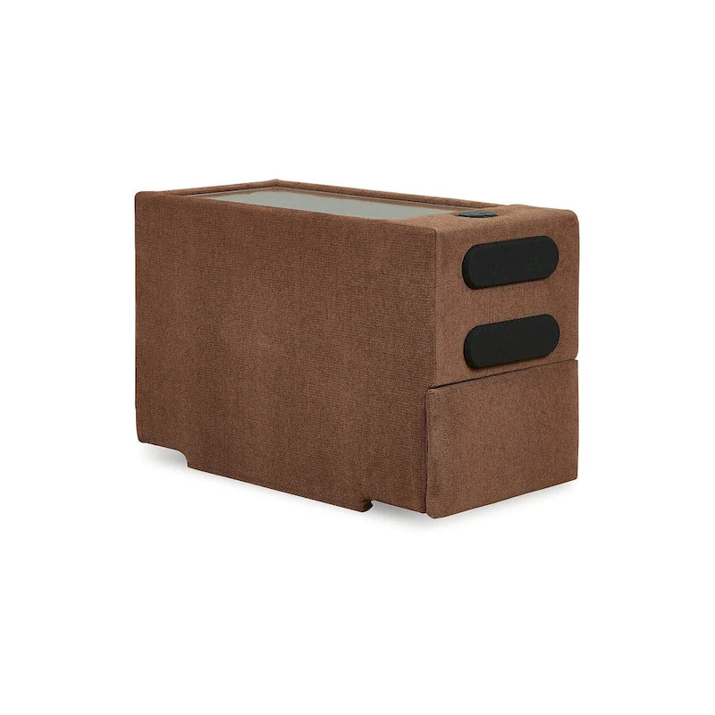 Canapé d'angle 6 places orange avec console audio | 353 cm L x 218 cm P x 91 cm H