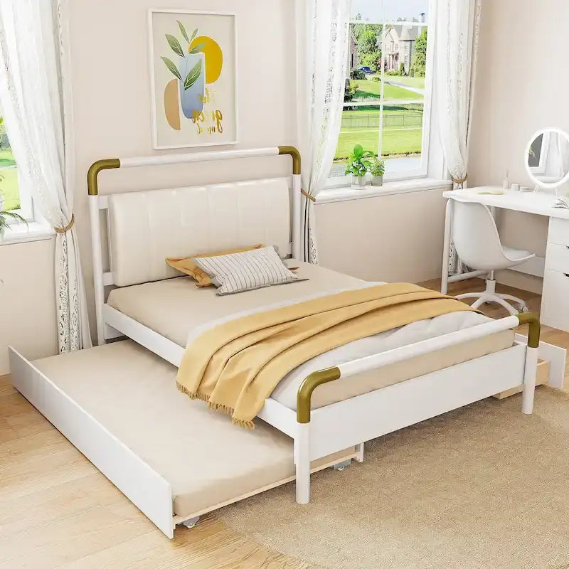 Lit plateforme Queen Wood avec 2 tiroirs de rangement et lit gigogne double XL