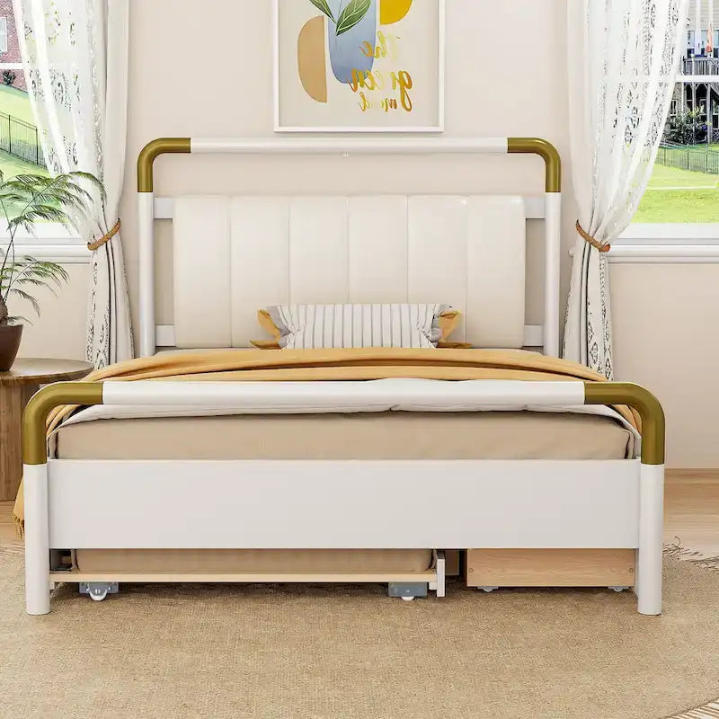 Lit plateforme Queen Wood avec 2 tiroirs de rangement et lit gigogne double XL