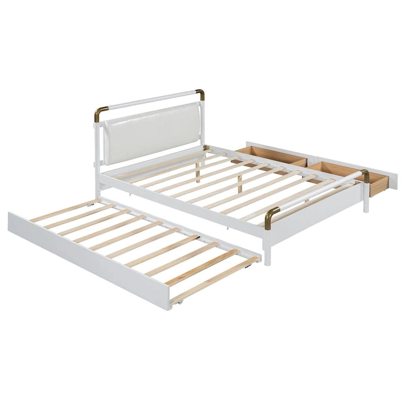 Lit plateforme Queen Wood avec 2 tiroirs de rangement et lit gigogne double XL