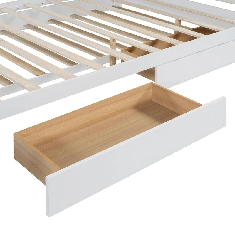 Lit plateforme Queen Wood avec 2 tiroirs de rangement et lit gigogne double XL