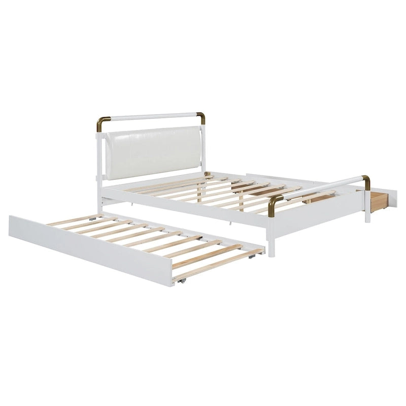 Lit plateforme Queen Wood avec 2 tiroirs de rangement et lit gigogne double XL