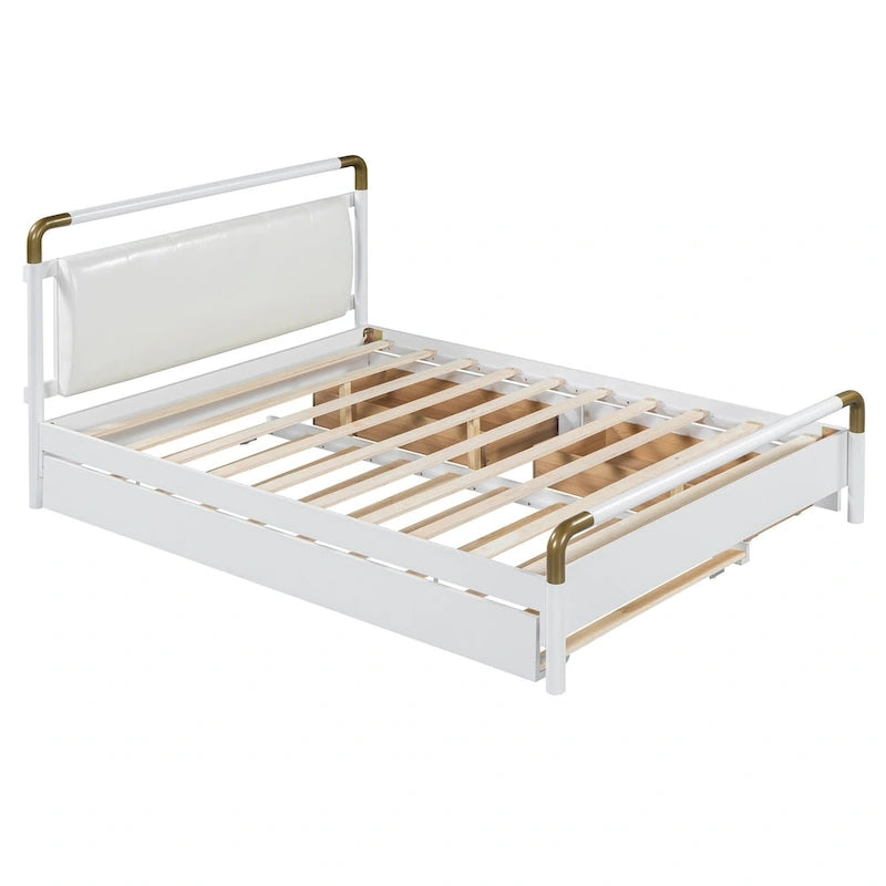 Lit plateforme Queen Wood avec 2 tiroirs de rangement et lit gigogne double XL