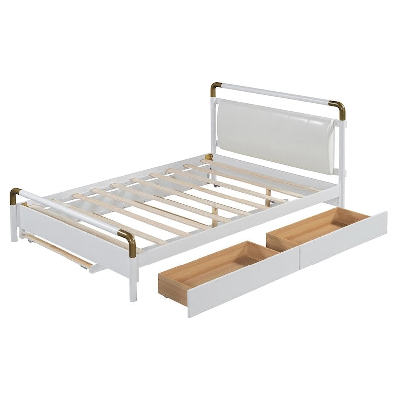 Lit plateforme Queen Wood avec 2 tiroirs de rangement et lit gigogne double XL