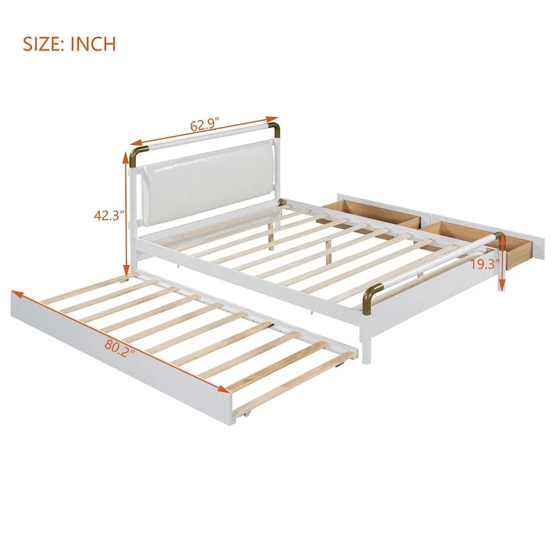 Lit plateforme Queen Wood avec 2 tiroirs de rangement et lit gigogne double XL