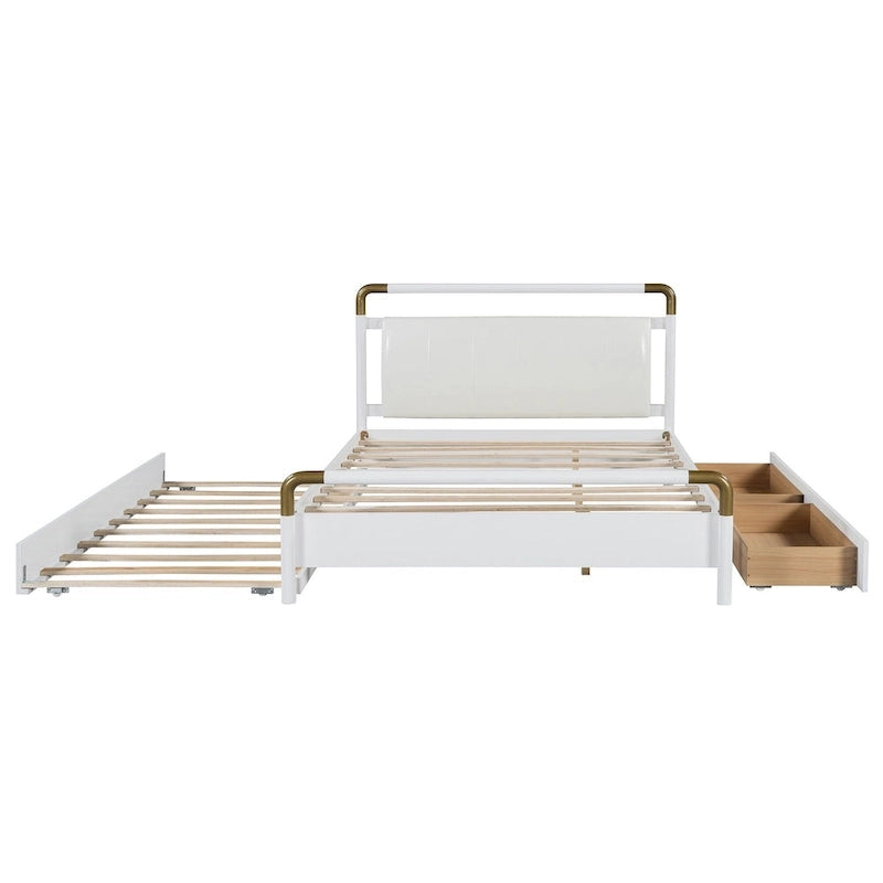 Lit plateforme Queen Wood avec 2 tiroirs de rangement et lit gigogne double XL