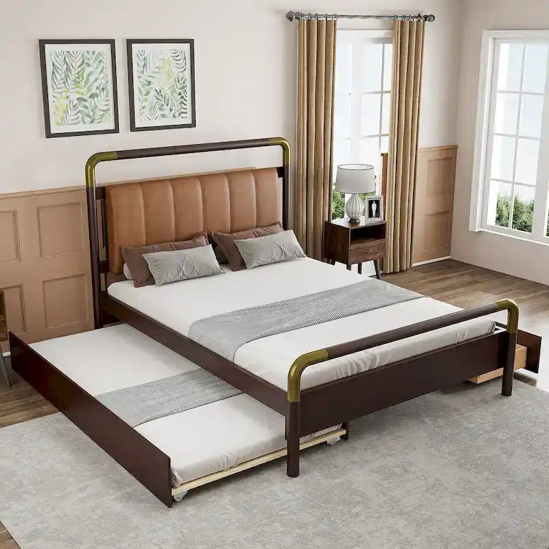 Lit plateforme Queen Wood avec 2 tiroirs de rangement et lit gigogne double XL