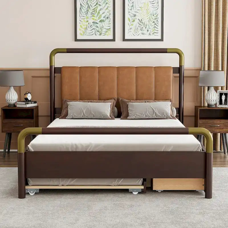 Lit plateforme Queen Wood avec 2 tiroirs de rangement et lit gigogne double XL