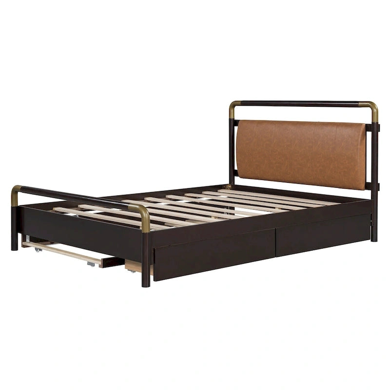 Lit plateforme Queen Wood avec 2 tiroirs de rangement et lit gigogne double XL