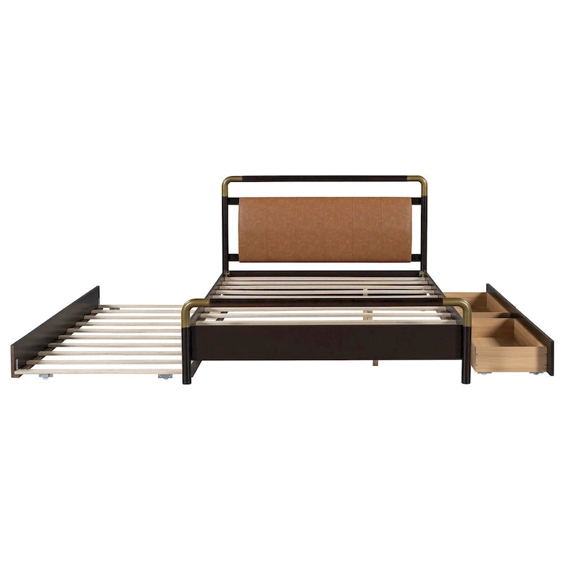 Lit plateforme Queen Wood avec 2 tiroirs de rangement et lit gigogne double XL
