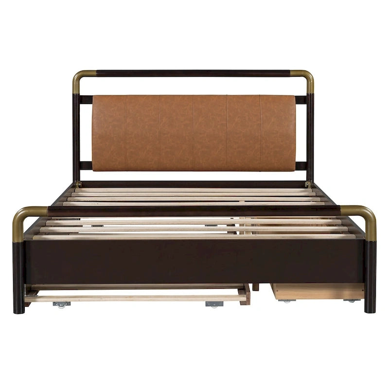 Lit plateforme Queen Wood avec 2 tiroirs de rangement et lit gigogne double XL