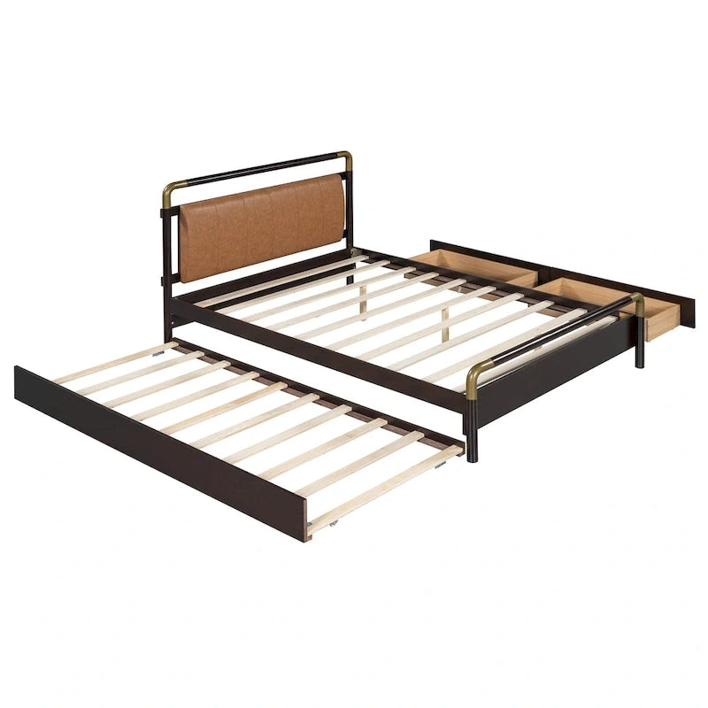 Lit plateforme Queen Wood avec 2 tiroirs de rangement et lit gigogne double XL