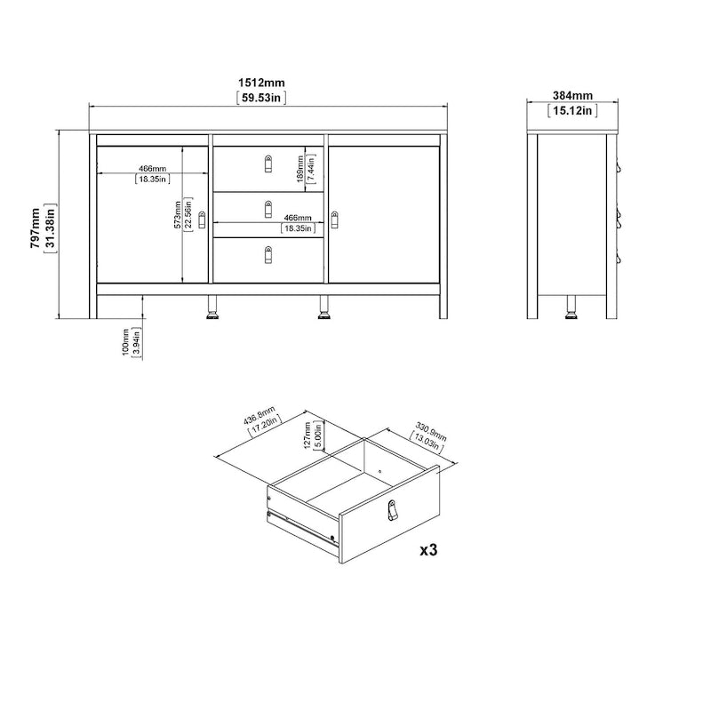 Buffet 2 portes avec 3 tiroirs | Meuble de rangement de style transitionnel