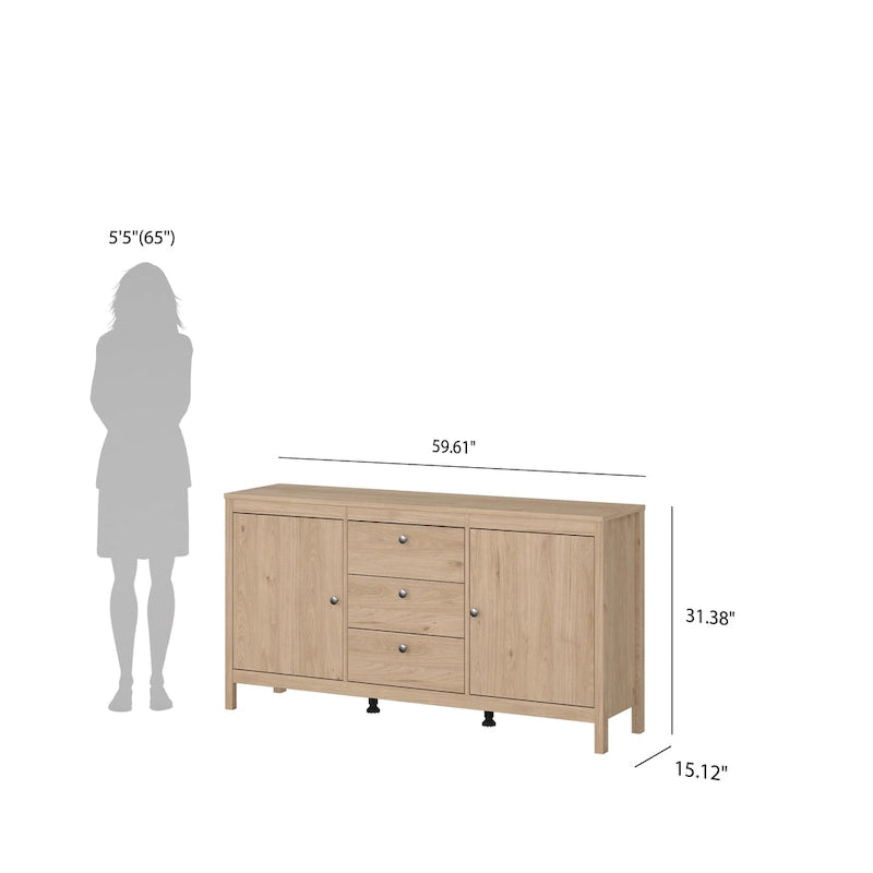 Buffet 2 portes avec 3 tiroirs | Meuble de rangement de style transitionnel