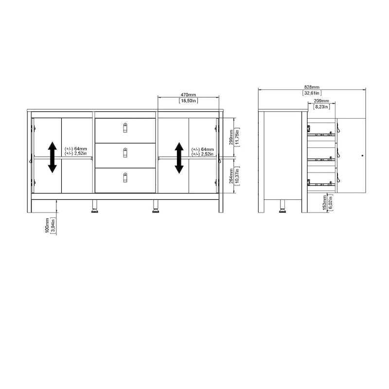 Buffet 2 portes avec 3 tiroirs | Meuble de rangement de style transitionnel