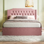Lit plateforme queen en velours avec tête de lit capitonnée | Chambre glamour