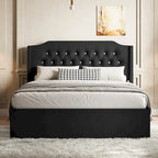 Lit plateforme queen en velours avec tête de lit capitonnée | Chambre glamour