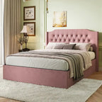 Lit plateforme queen en velours avec tête de lit capitonnée | Chambre glamour