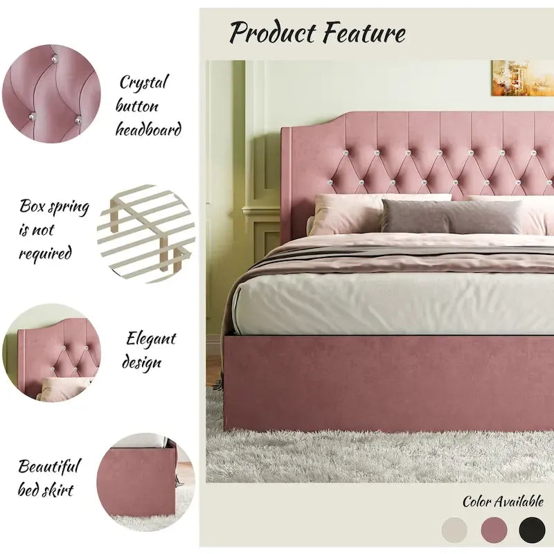 Lit plateforme queen en velours avec tête de lit capitonnée | Chambre glamour