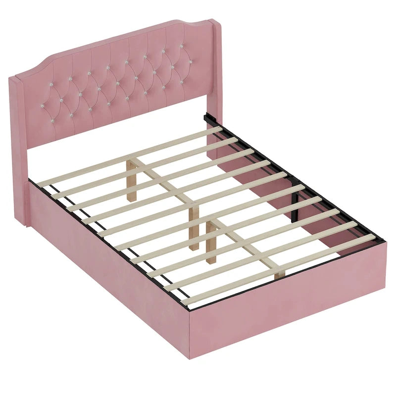 Lit plateforme queen en velours avec tête de lit capitonnée | Chambre glamour