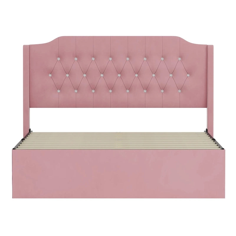 Lit plateforme queen en velours avec tête de lit capitonnée | Chambre glamour